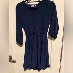Lush Blue A-Line V-Neck Dress with Cuffed 3/4 Sleeves